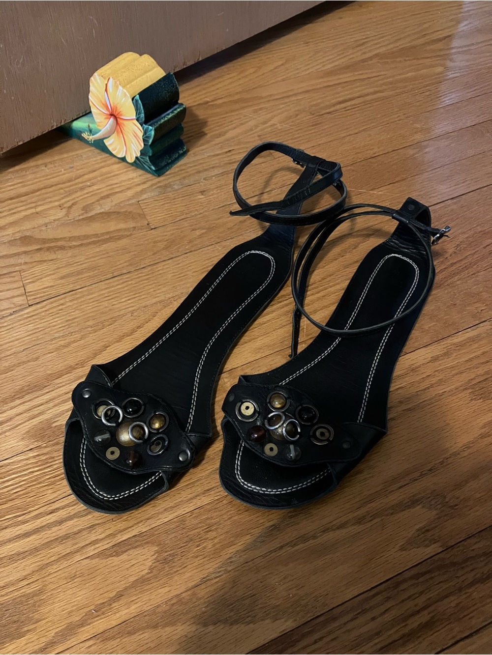 Zara Black Ankle-Strap Flat Sandals with Mixed Metal Studs